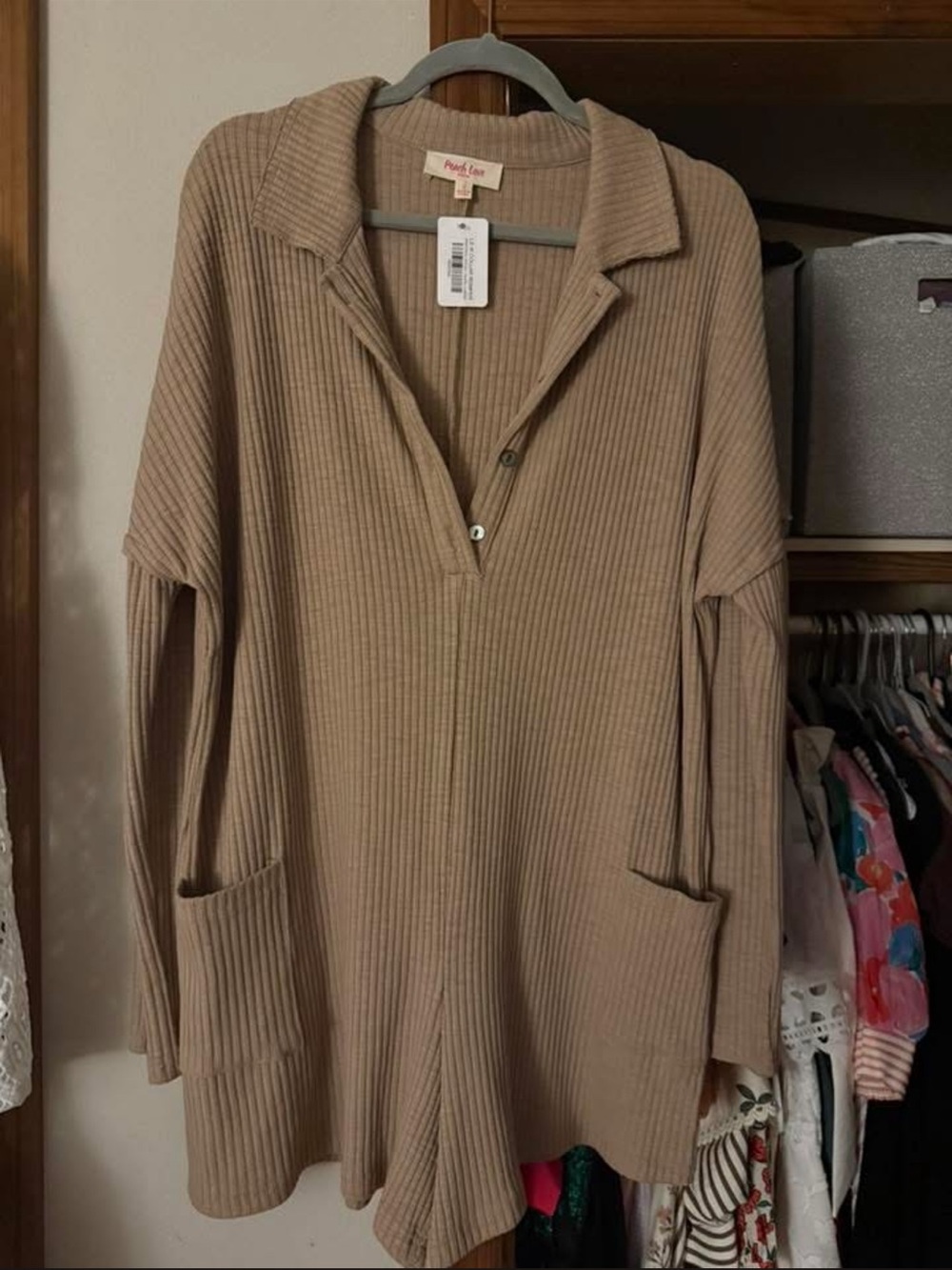 Pink Lily Taupe Ribbed V-Neck Collared Sweater